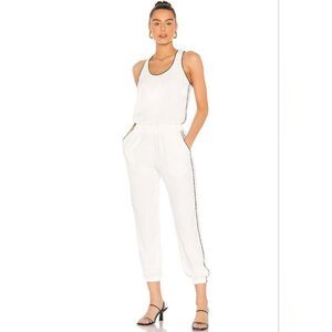 Amanda Uprichard White Tapered Twill Jumpsuit with Black Accents Piping Xs